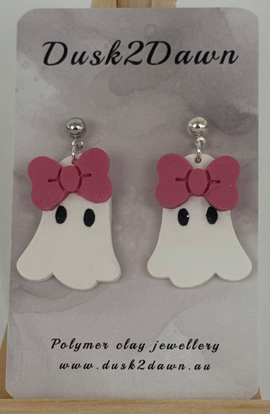 Ghost with a bow studded dangles- Halloween  collection