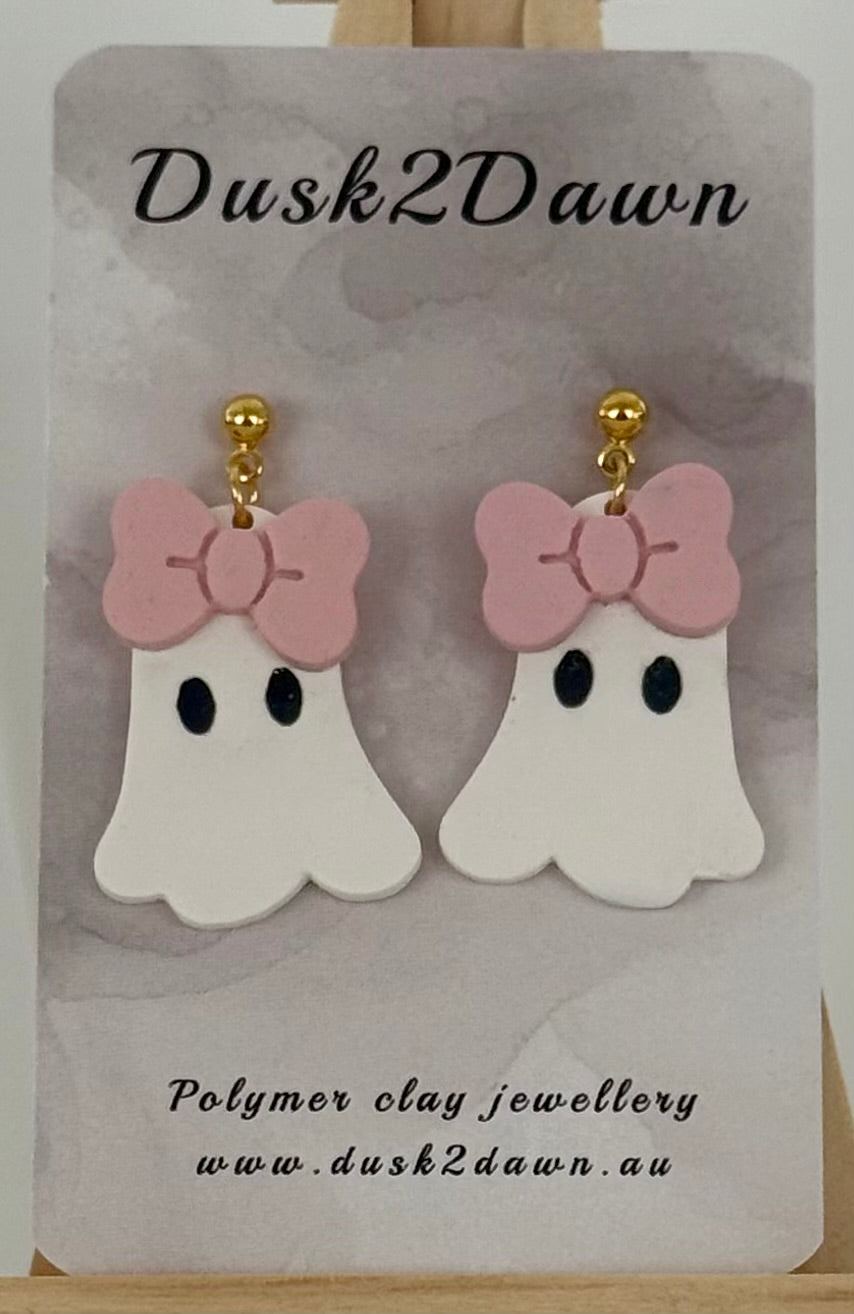 Ghost with a bow studded dangles- Halloween  collection