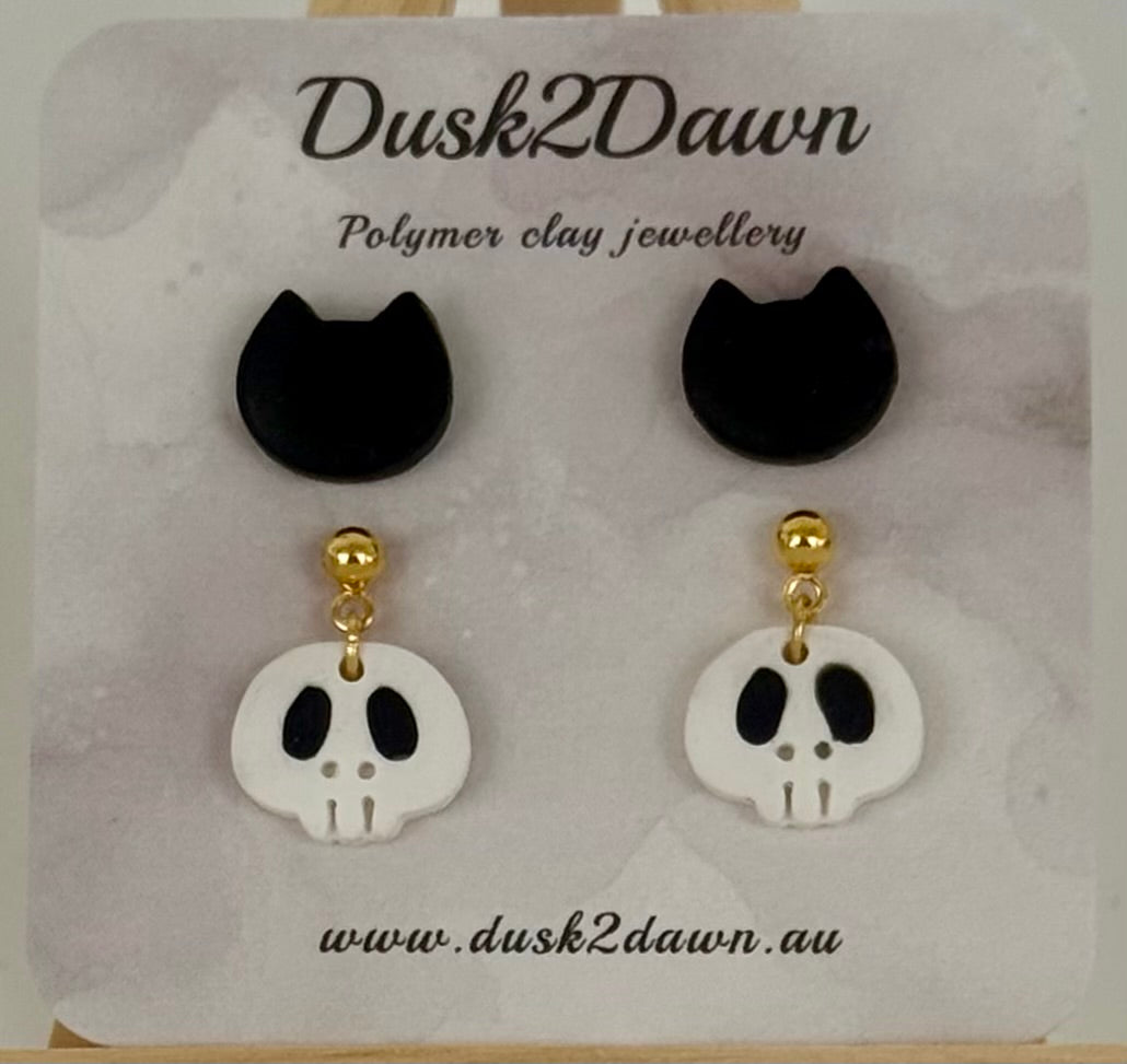 Petite white skull gold studded dangles with cat studs- the Halloween collection