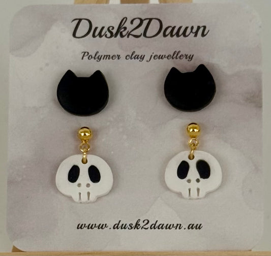 Petite white skull gold studded dangles with cat studs- the Halloween collection
