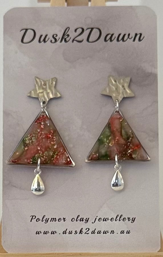 Green and red marbled Christmas silver studded dangles- The Christmas collection