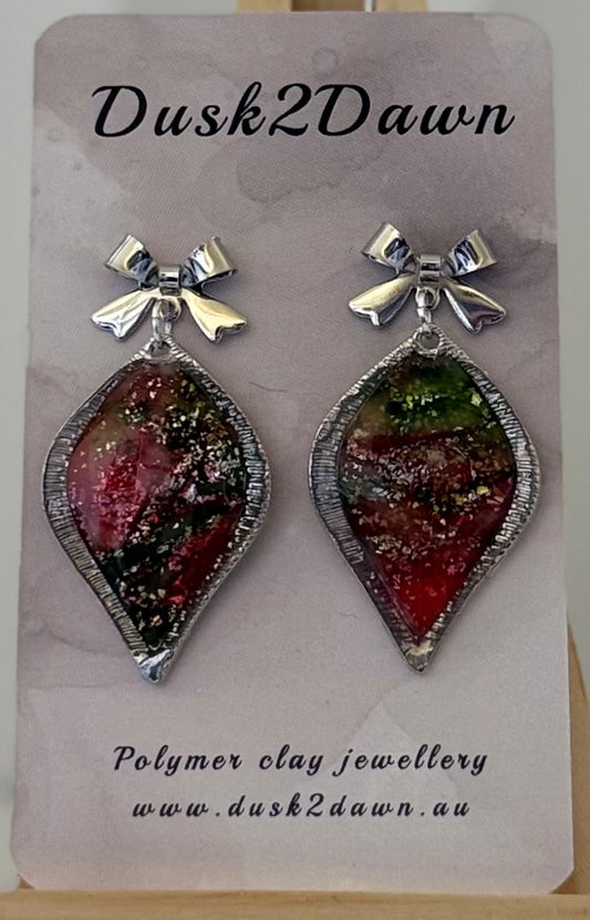 Green and red marbled Christmas silver studded dangles- The Christmas collection